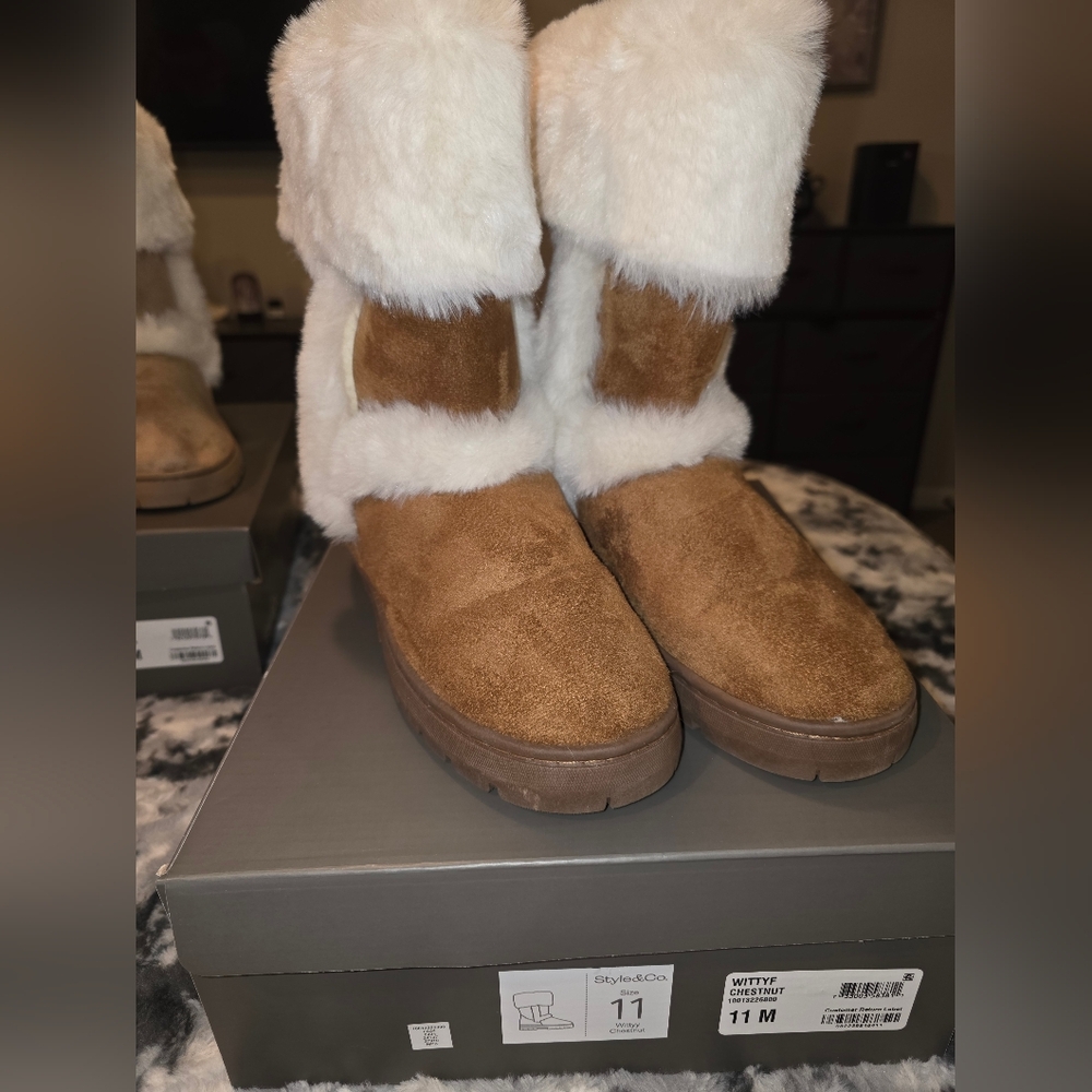 Style & Co. Brown and White Faux Fur Ankle Boots